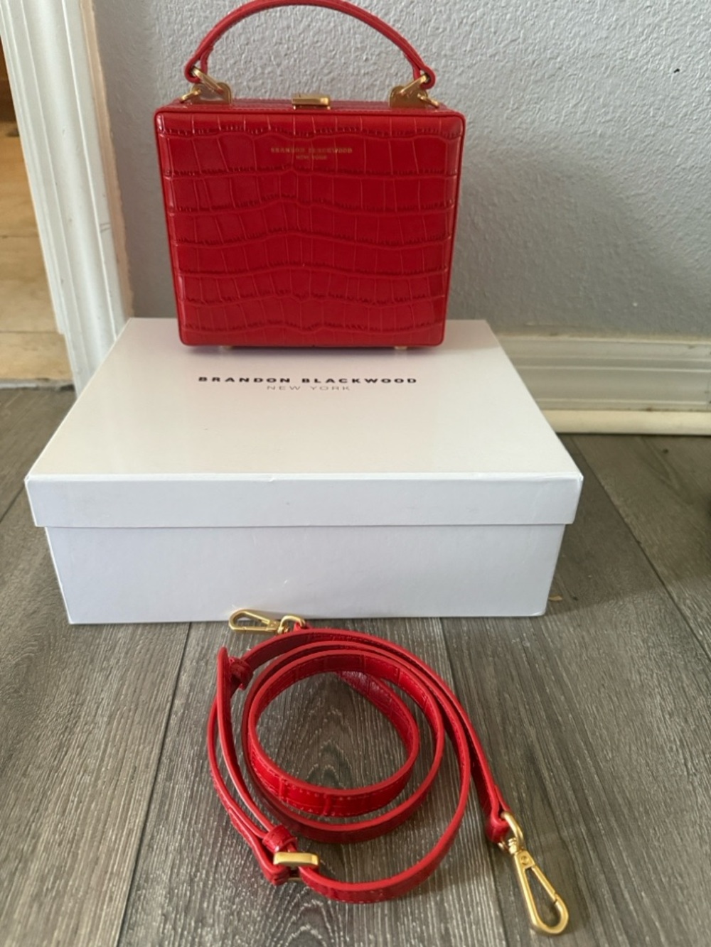 Brandon Blackwood Red Croc-Embossed Mini Top Handle Box Bag with Gold Hardware